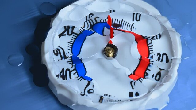 time lapse, a bi-metal Thermometer under water drops rising from minus 20 to zero degrees Celcius