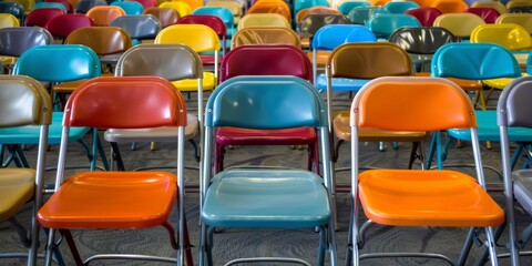 Fototapeta premium A row of colorful classic plastic chairs, peeled color and old style audience seats.