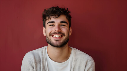 Fototapeta premium A confident and happy millennial man, smiling at the camera against a solid maroon background
