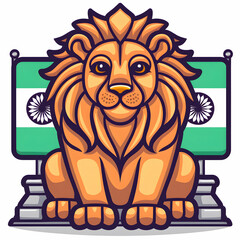 Naklejka premium 3D Flat Icon Ashoka Lion Flag Concept, Illustration of Ashoka s Lion Capital with Indian Flag, Symbolizing Authority Independence in Doodle Cartoon Style