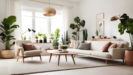 Elegant living room with comfy carpet, mid-century furniture, white walls, white walls, and houseplants is a hallmark of modern Scandinavian interior design.