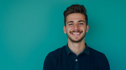 Obraz premium A confident millennial man in a polo shirt, smiling brightly at the camera against a solid teal background