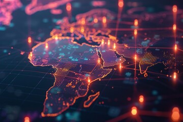 Fototapeta premium A global map with pulsating beams of light representing major data arteries, converging on cloud hubs