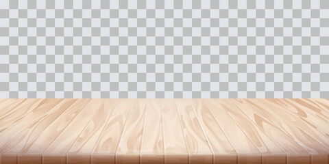 Wooden table surface on transparent background. Empty space table. Tabletop advertisement backdrop. Food picnic design element