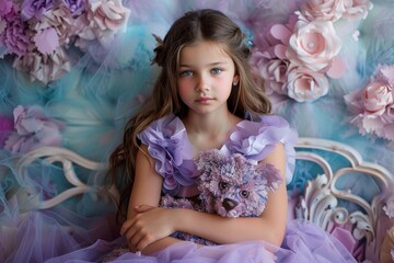 One-Year-Old Girl in Purple Dress Holds Stuffed Animal