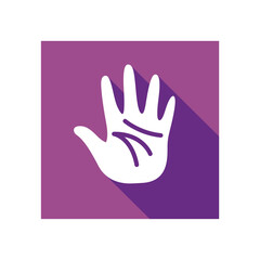Palm hand flat icon, sense of touch, purple square icon, flat design with long shadow