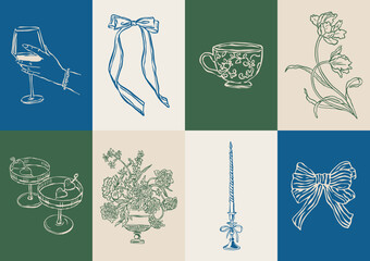 Minimalist Dolce Vita vector illustration collection. Art for greeting cards, wedding invitations, poster design, postcards, branding, logo design, background.