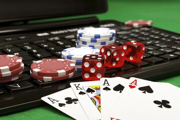 Online gambling concept with poker chips, dice, and playing cards on laptop keyboard. Vibrant and fun style demonstrating digital gambling. Useful for casino websites or gambling blogs. Generative AI