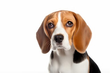 Portrait of a cute beagle in front of white background