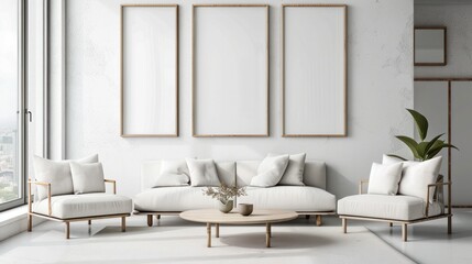 Fototapeta premium Modern interior of a living room background with blank wooden frames on the wall wide angle lens