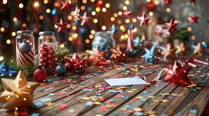 Obraz premium Colorful star shaped decorations ribbons scattered on wooden surface, creating holiday atmosphere