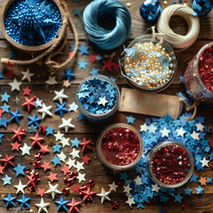 Fototapeta premium Colorful star shaped decorations ribbons scattered on wooden surface, creating holiday atmosphere