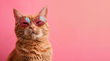 Obraz premium A British shorthair cat wearing sunglasses on a solid pink background in the style of a stock photo, with a cool and hip vibe.