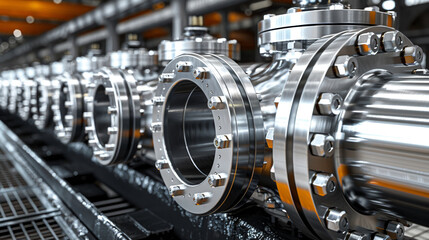 Fototapeta premium Industrial background part valves power, oil or gas industry. Installation large steel pipe joints