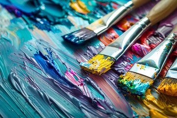 Obraz premium Fine art tools. Close-up of artist holding paint brush and drawing oil. Paintbrush with oil paint on a classical palette