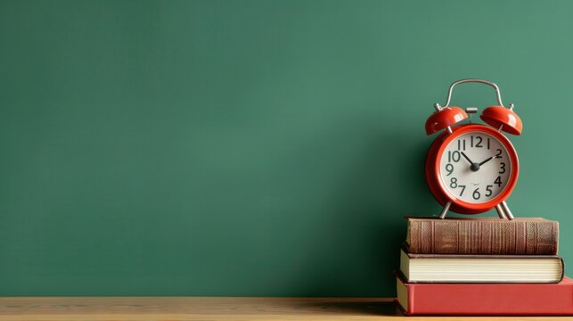 Red alarm clock and books on table against green background with copy space for text