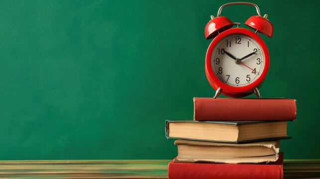 Red alarm clock and books on table against green background with copy space for text - Powered by Adobe