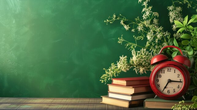 Red alarm clock and books on table against green background with copy space for text - Powered by Adobe
