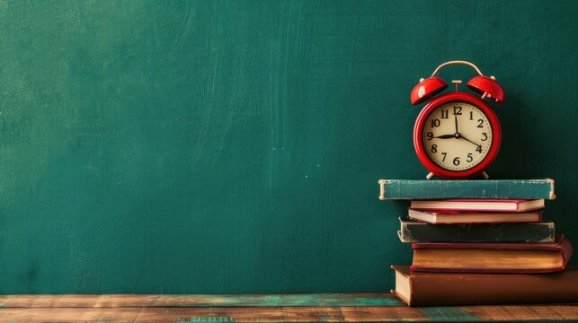Red alarm clock and books on table against green background with copy space for text