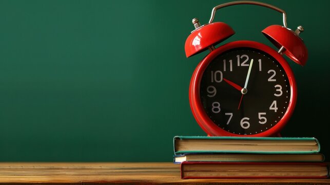 Red alarm clock and books on table against green background with copy space for text