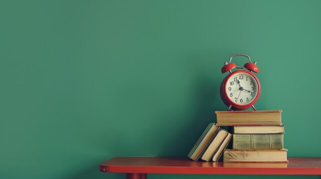 Red alarm clock and books on table against green background with copy space for text