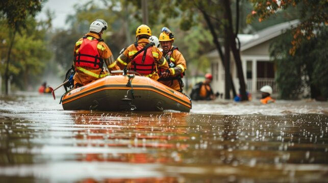Rescue team aiding people in catastrophic flood wide angle lens