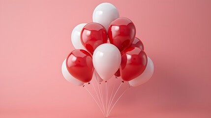 A collection of red and white balloons secured together on a pastel pink background, emphasizing the festive colors and maintaining a minimalistic composition.