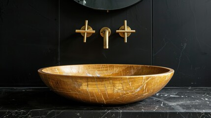 Round golden marble sink on black wall with bathroom faucet