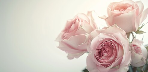 Fototapeta premium Soft pink roses on white background for elegant wedding card designs, romantic concept