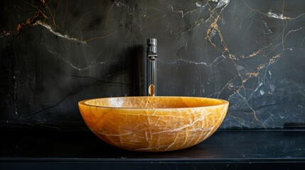 Round golden marble sink on black wall with bathroom faucet