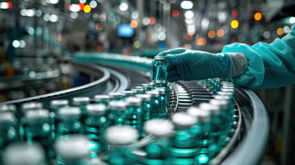 A pharmaceutical factory's production line with a pharmacist scientist in sanitary gloves, examining vials of medication on a conveyor belt, maintaining high standards of drug manufacturing.