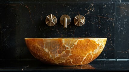 Round golden marble sink on black wall with bathroom faucet