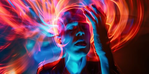 A person holds their hand to their head with abstract swirling lights in red and blue hues, representing sensory overload
