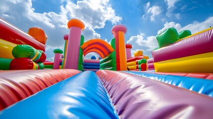 A colorful inflatable bouncy castle floating in the sky against blue skies. An exciting photo of an outdoor playground or park for kids.