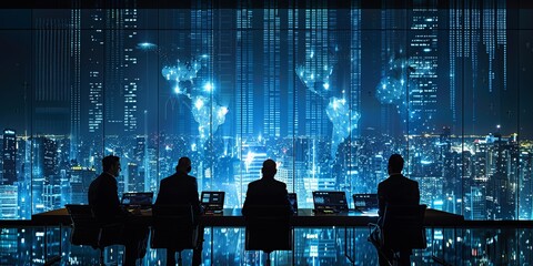 Business team working late in an office with a cityscape view and digital world map projections
