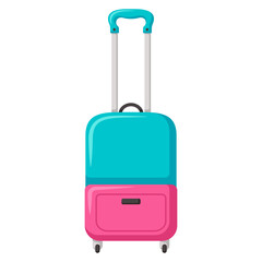 Traveling suitcase on wheels. Check in baggage. Bright flat clipart