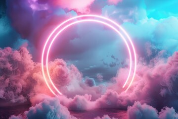 Obraz premium An abstract cloud illuminated with neon lights on a dark night sky. Glowing geometric shapes, round frames.