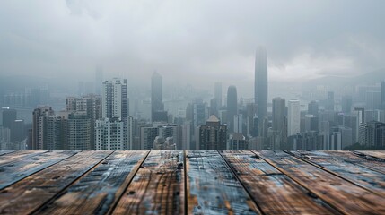 Urban cityscape in foggy background and overcast sky, photographed from wooden table top, urban concept