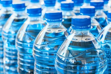 Close-up of plastic water bottles with blue caps