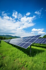Solar panel field, green pastures, bright sunlight, renewable energy, eco-conscious landscape