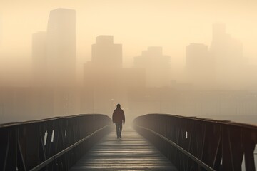 Solitary figure on a bridge, early morning fog, city skyline in the distance, contemplative mood, wide shot