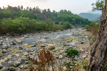 Footage of dried-up Nun River with algae infestation near Dehradun City outskirts, Uttarakhand, India. Environmental degradation. Riverbed with rocks and boulders.