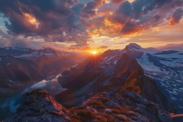 Sunset Dance: A Light and Shadow Show on Mountain Peaks Stock