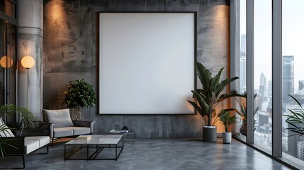 A large blank white frame is hanging on the wall of an office with minimalist furniture and panoramic windows overlooking a cityscape.