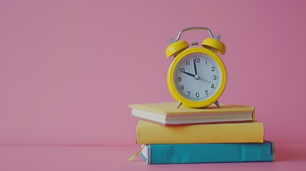 ellow alarm clock and books on table against pink background with copy space for text.