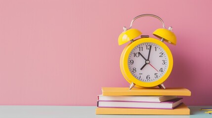ellow alarm clock and books on table against pink background with copy space for text.