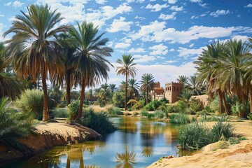 Obraz premium Created with stock AI, an oasis surrounded by ancient ruins, with palm trees and clear water