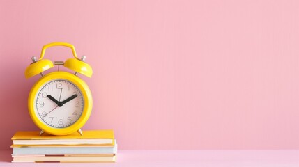 ellow alarm clock and books on table against pink background with copy space for text.