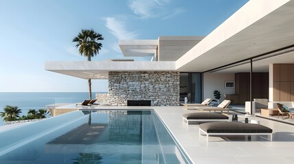 Obraz premium A modern minimalist villa in the Alman resort of photoshoot, stone walls and white concrete, swimming pool, palm trees, sunbeds, blue sky, Mediterranean style architecture.
