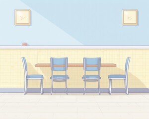 Cozy pastel-colored cafe interior with blue chairs and minimalist decor, ideal for relaxation or casual meetings.